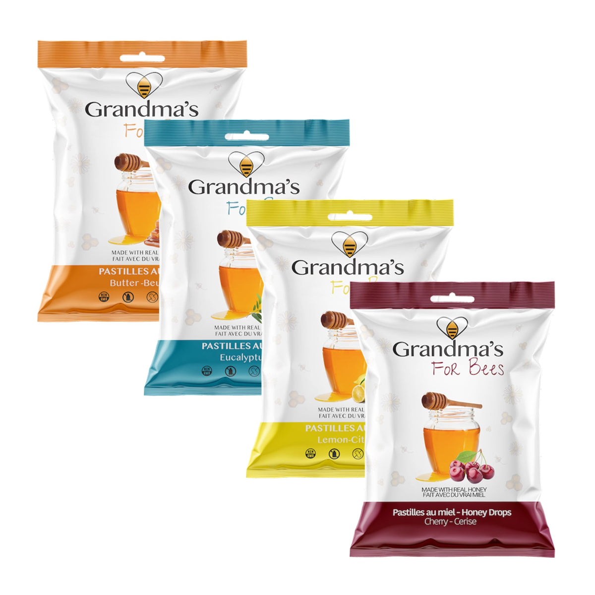 Grandma's For Bees | Old Fashioned Honey Drops - Sweet Gift For You Gift Pack | 4 Flavours: Lemon, Eucalyptus, Cherry, Butter | 4 x 80g Bags
