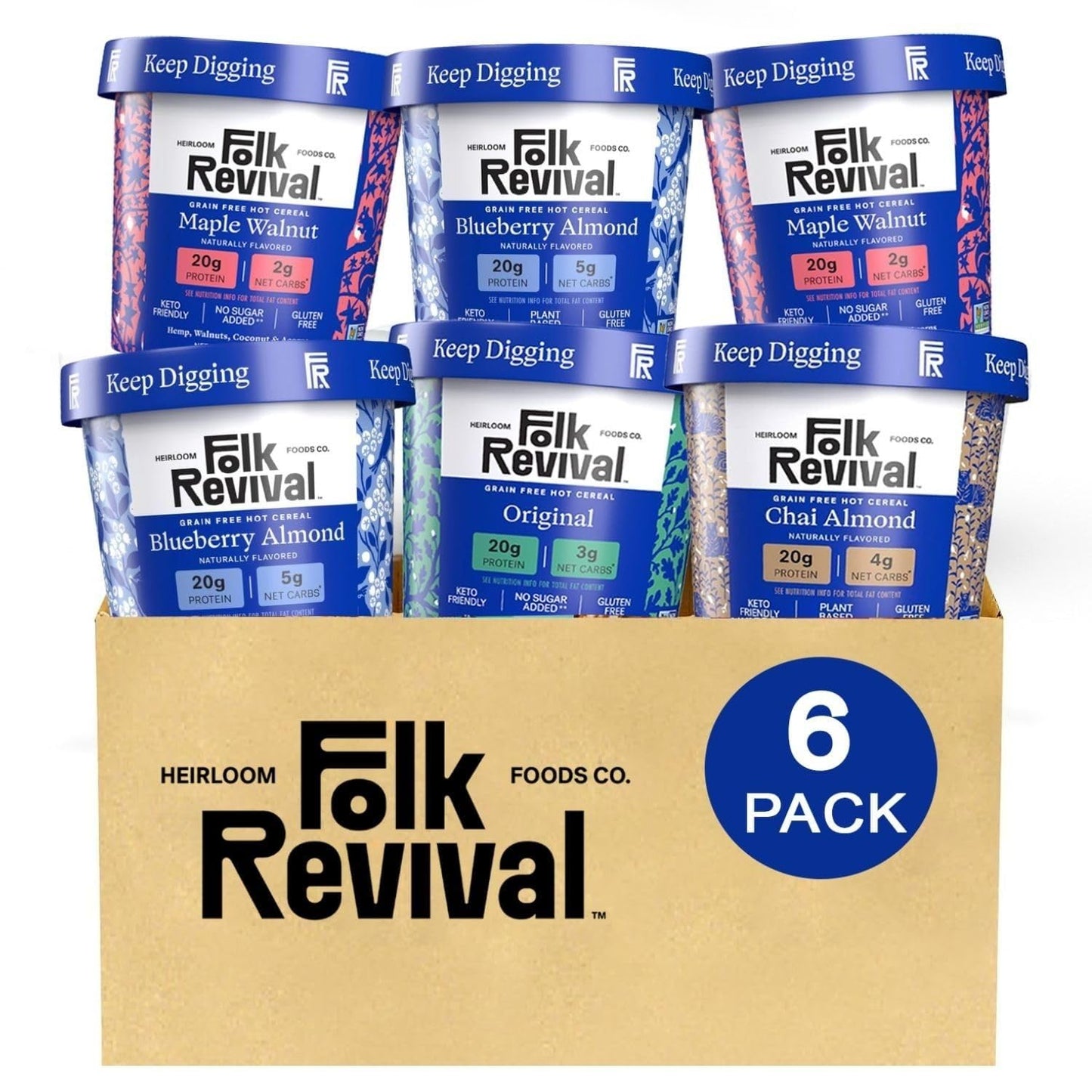 Folk Revival Variety Pack Keto Instant 'Oatmeal' - 20g of Protein, Low Carb, High Fiber, 2 Blueberry, 2 Maple Walnut, 1 Chai Almond, 1 Original - 6