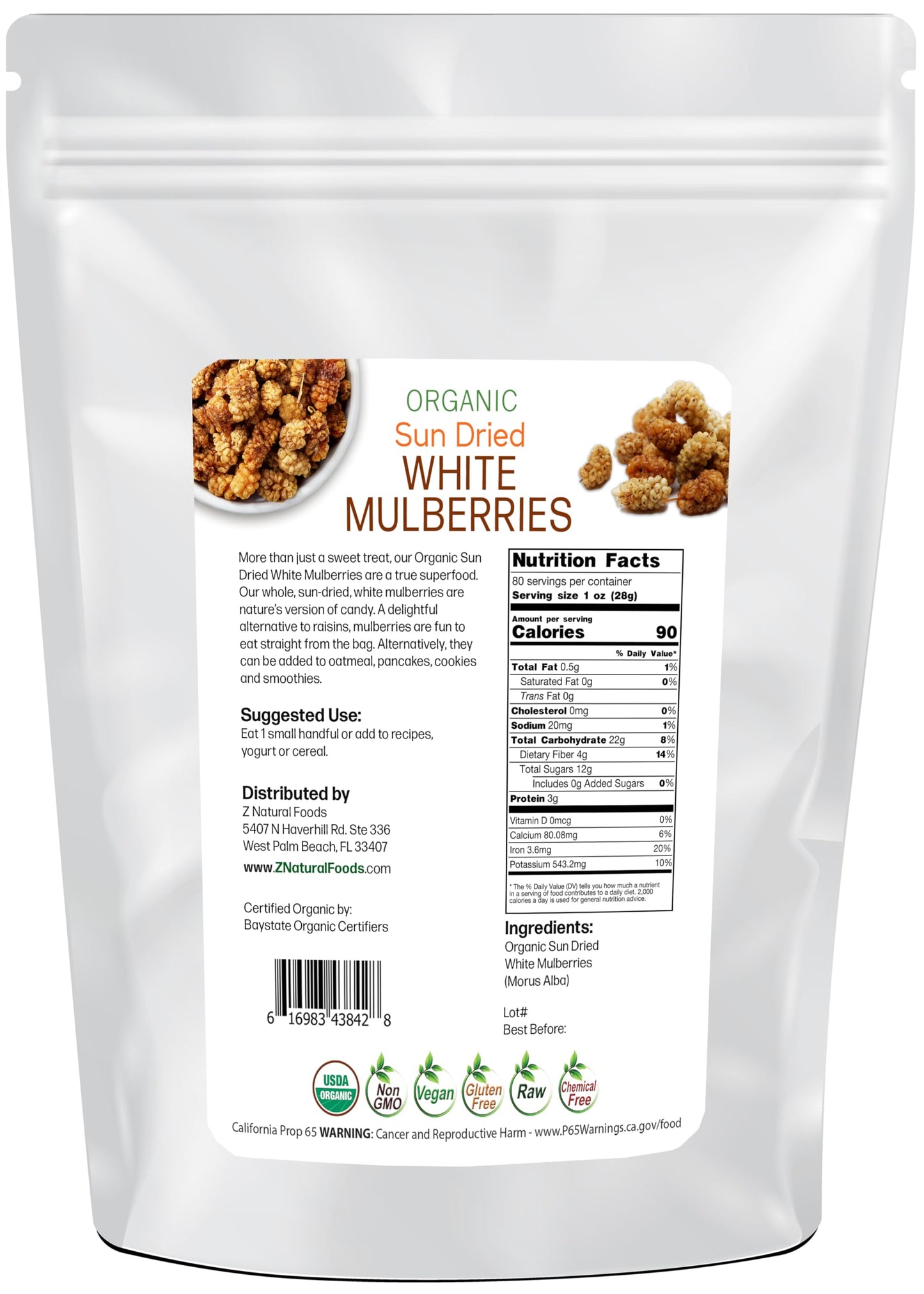 Organic White Mulberries - Sun Dried 100% Pure - No Sugar Added - Exotic All Natural Raisin Alternative - Superfood Fruit Snack for Trail Mix