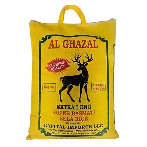 Al Ghazal Extra Long Super Basmati Sela Rice 10 Lbs / 4.54 kg, Non GMO, Extra Long Basmati Rice, White Rice, Vegan Dried Rice, BPA & Gluten Free, Zip Lock Bag, Non Sticky Grain