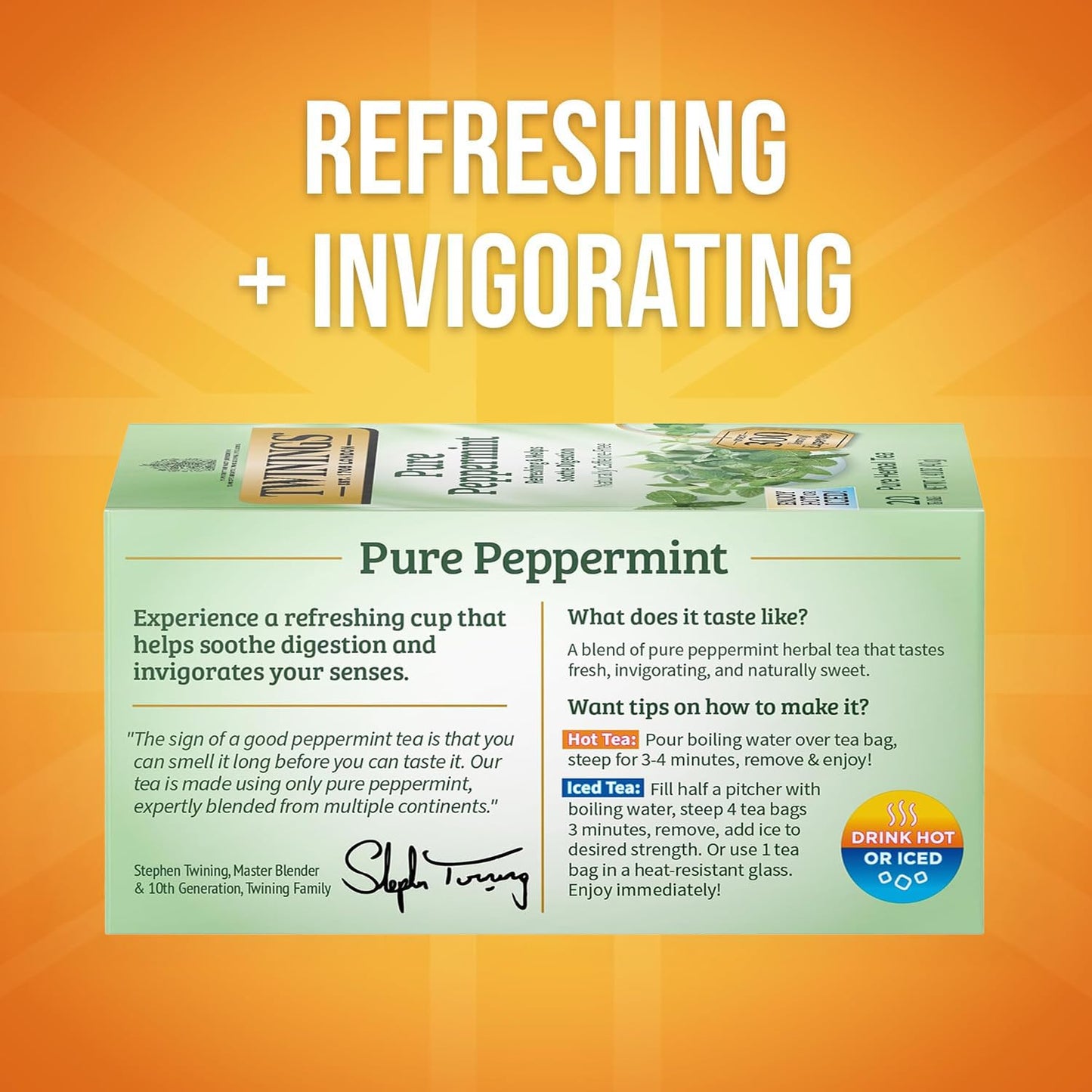 Twinings Tea Variety 2-Pack - Pure Peppermint + Lemon & Ginger, Naturally Caffeine-Free Herbal Tea Bags, Individually Wrapped, 20 Count Each