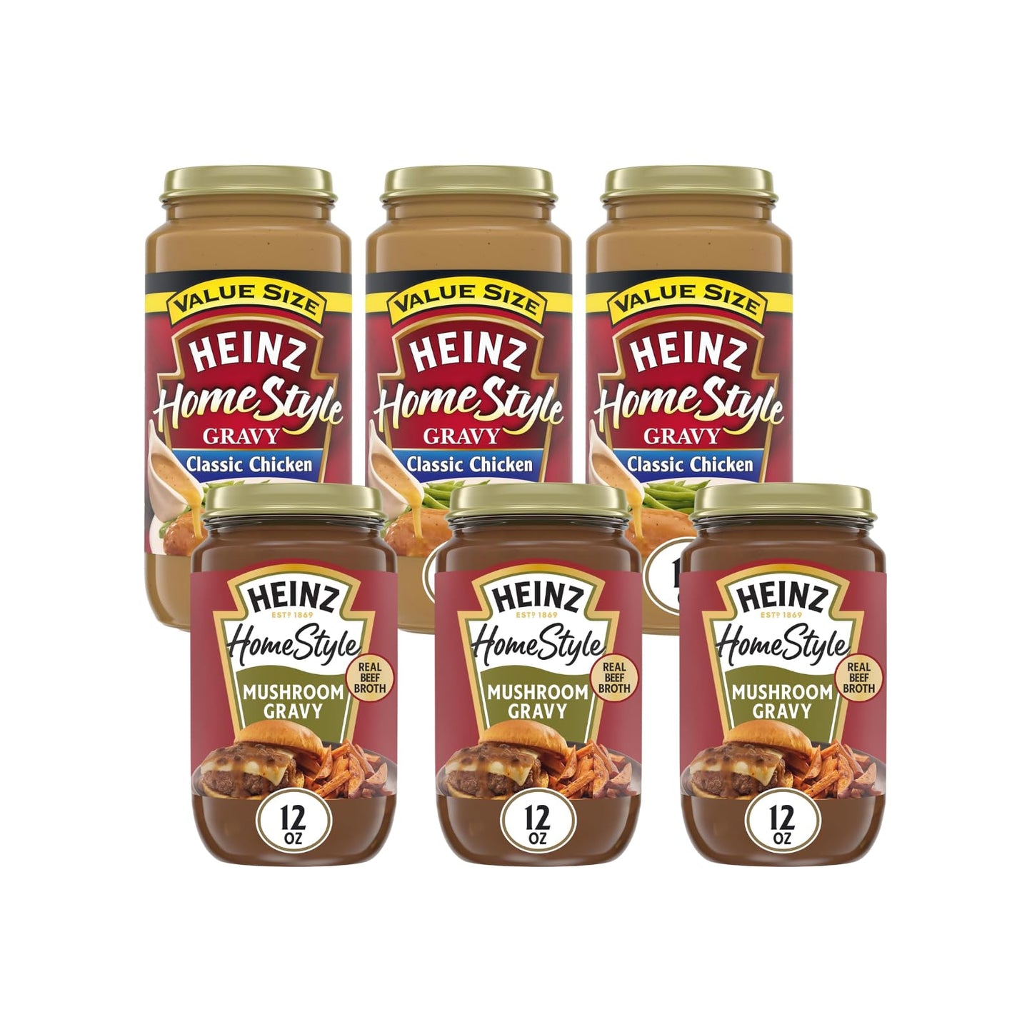 Heinz HomeStyle Gravy, Classic Chicken and Savory Mushroom, Ready to Serve Sauce for Mashed Potatoes Enhances Everyday Family Meals - 6 Count (Variety