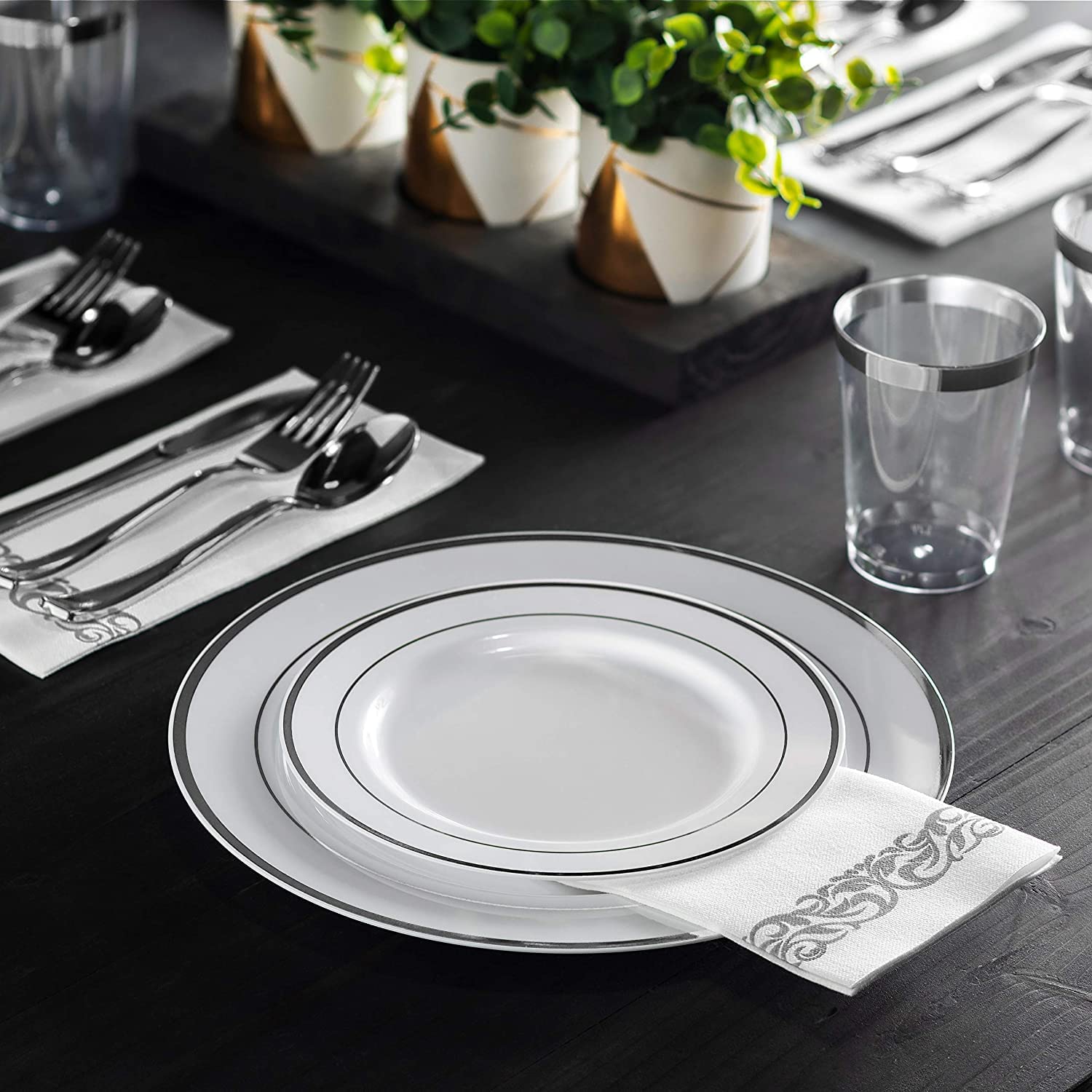 Munfix 60 Silver Plastic Plates Set, 30 Pcs 10.25 Inch Dinner and 30 Pcs 7.5 Inch Plastic Dessert Plates, Elegant Fancy Heavy Duty Disposable Plates