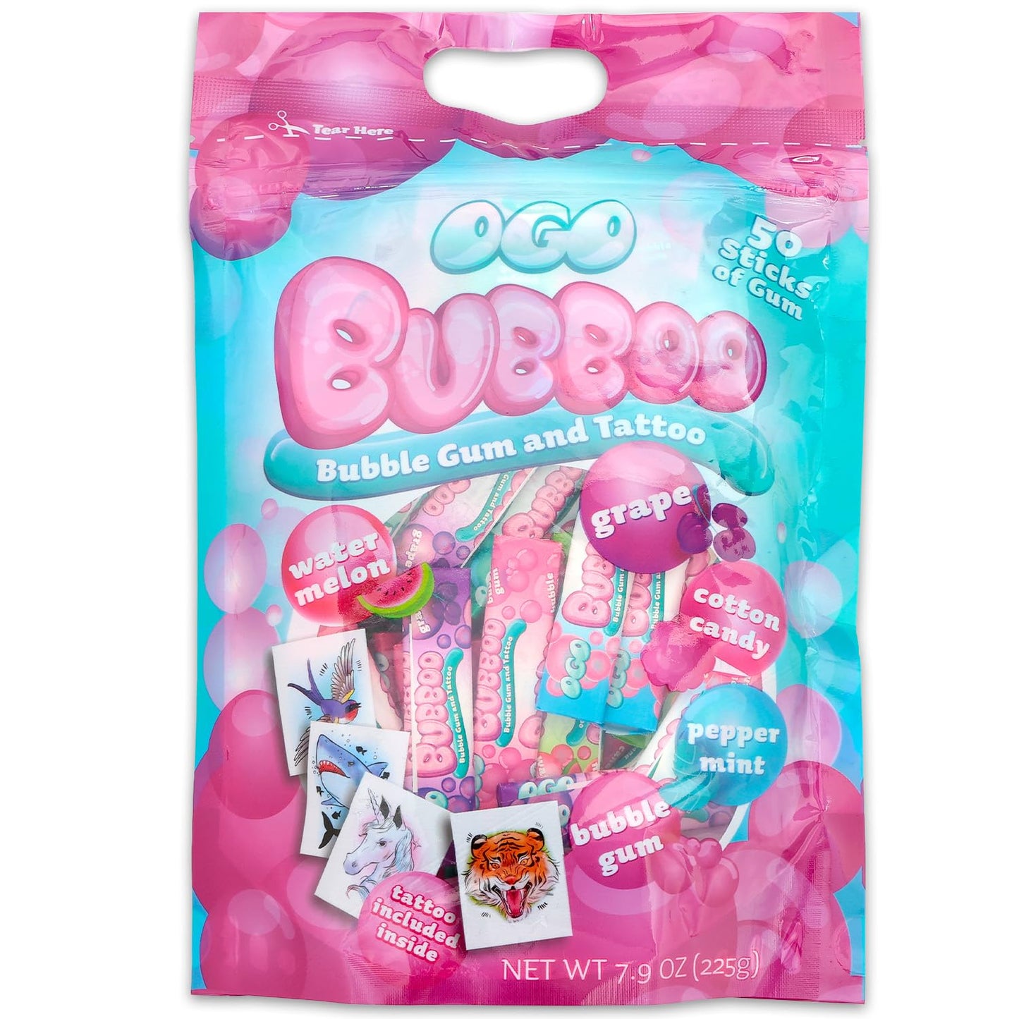 Bubboo Bubble Gum and Temporary Tattoos Set - Party Supplies Set with 50 Pieces of Bubblegum in 5 Flavors and 50 Temporary Tattoos for Boys, Girls