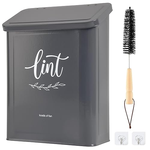 Perfnique Magnetic Lint Bin for Laundry Room with Lint Brush, Wall Mounted Lint Holder Trash can with lid for Dryer, Modern Farmhouse Rustic Metal