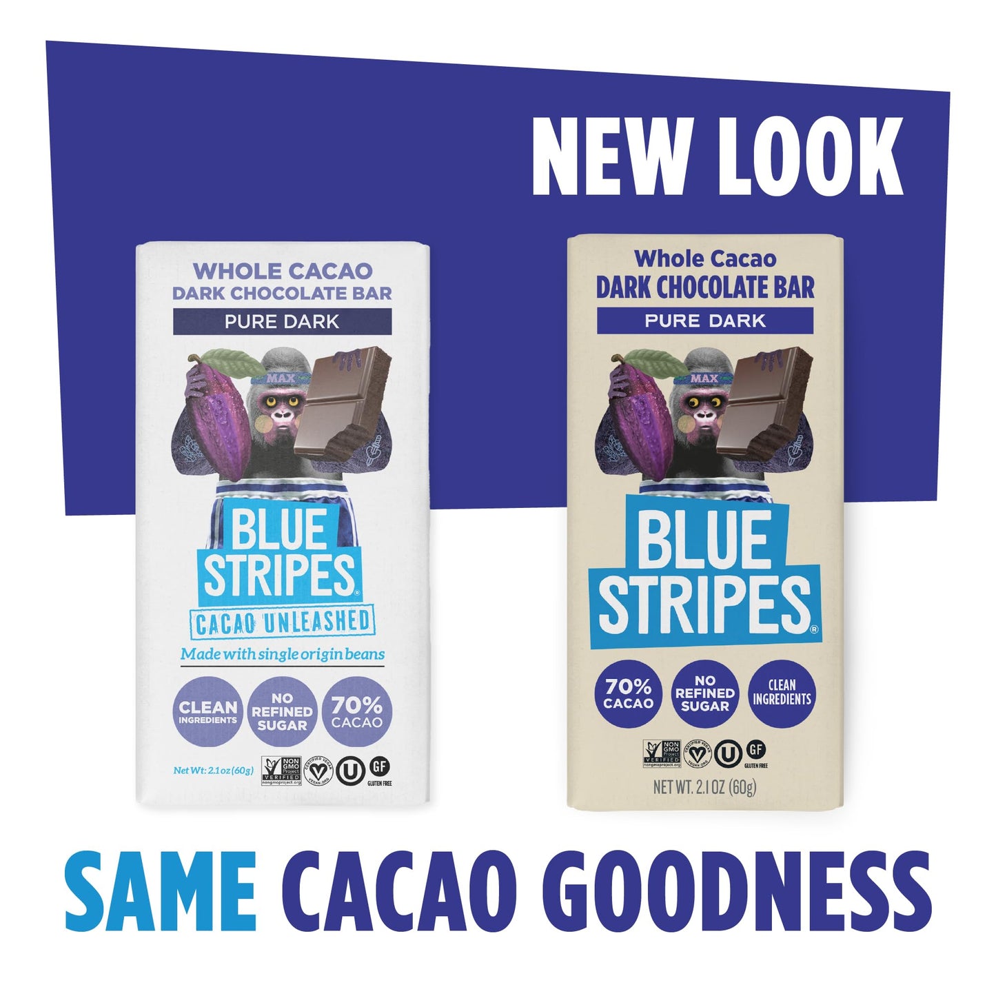 Blue Stripes - Pure Dark Whole Cacao Chocolate Bars, 70% Cacao Bar, Healthy Chocolate, Vegan, No Refined Sugar, Non GMO, Gluten Free, 2.1 OZ