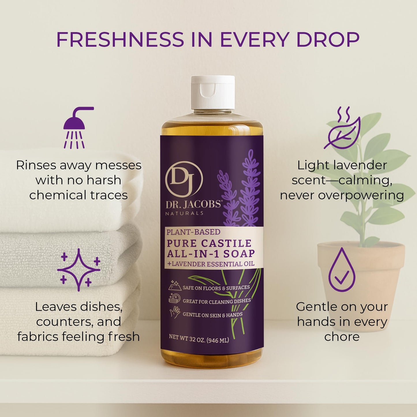 Dr. Jacobs Naturals Lavender Castile All-in-One Cleaner and Soap - Plant-Based Formula for House Cleaning Floors and Appliances - Gentle on Skin