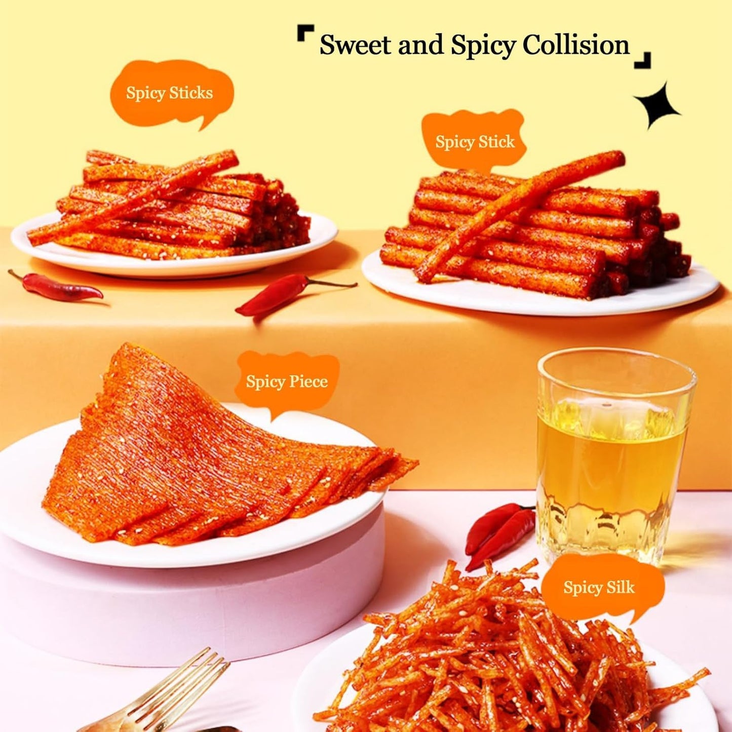 4 Flavors Mixed with Spicy Strips,Handmade Spicy Stick, Slightly Spicys and Sweet Flavor Chinese Snack,a Must-Have Snack for Leisure - ??(4