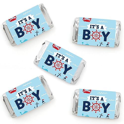 Big Dot of Happiness Ahoy It’s a Boy - Mini Candy Bar Wrapper Stickers - Nautical Baby Shower Small Favors - 40 Count