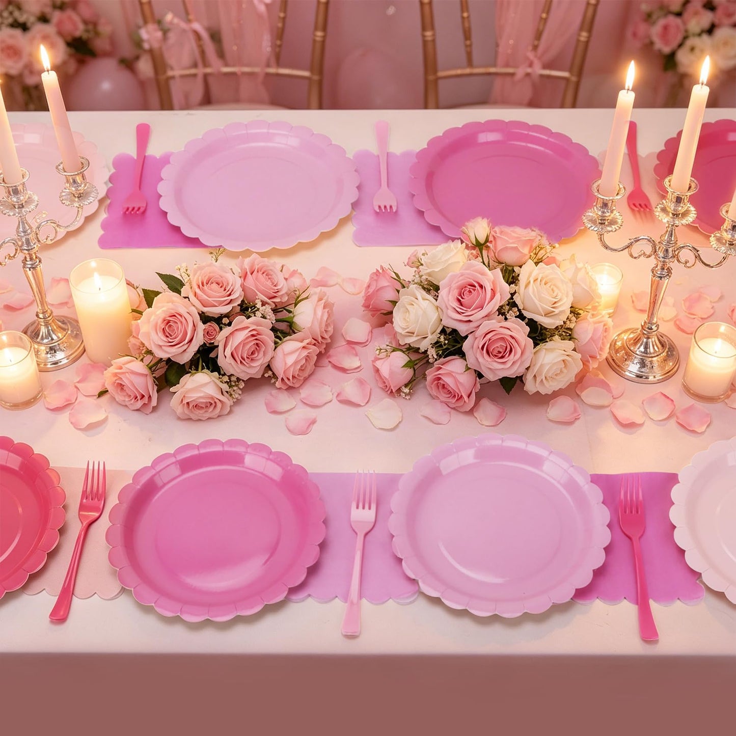 CENLBJ Pink Paper Plates and Napkins,Serves 24 Include Gradient 9 Inch Disposable Plates, Napkins, and Forks for Baby Shower, Wedding, Birthday