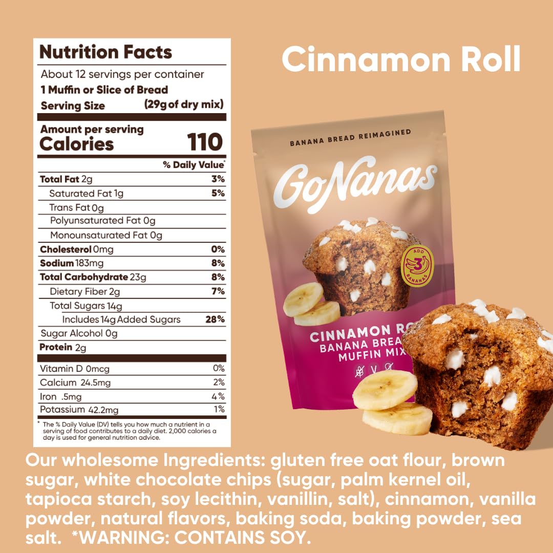 GoNanas Cinnamon Roll Banana Bread Mix, Vegan, Gluten Free Healthy Snacks. Oat Flour Bread or Muffin Mix. Women Owned, US Ingredients, Dairy Free, Nut Free, Delicious Snacks (1 Pack)