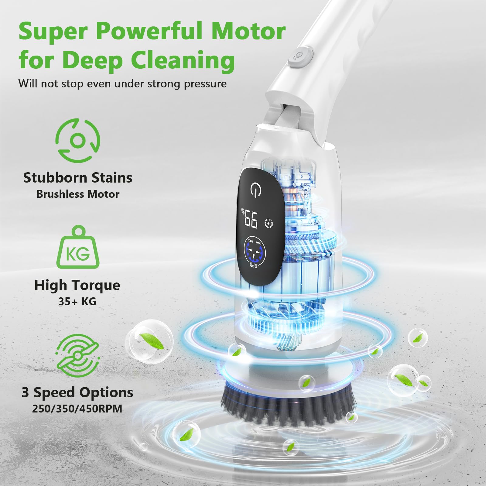 Electric Spin Scrubber, Cordless Cleaning Brush, 3H Work Time, Bathroom Scrubber with LED Display, 3-Speed Extendable Handle, IPX7 Waterproof, 8 Brush