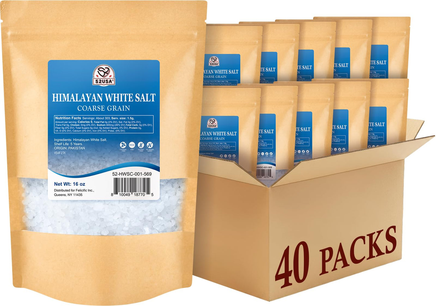 52USA Himalayan White Salt, Coarse Salts 16 oz*40 (1 Pound*40), Salt for Grinder Refill, Non-GMO, Kosher, All Natural, 1 Box