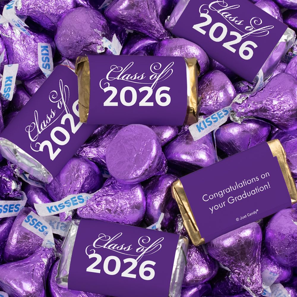 124 Pcs Purple Graduation Candy Assortment - Class of 2026 Assorted Wrapped Miniatures & Purple Foiled Kisses For Party Favors, Buffets And Gifts (1.5