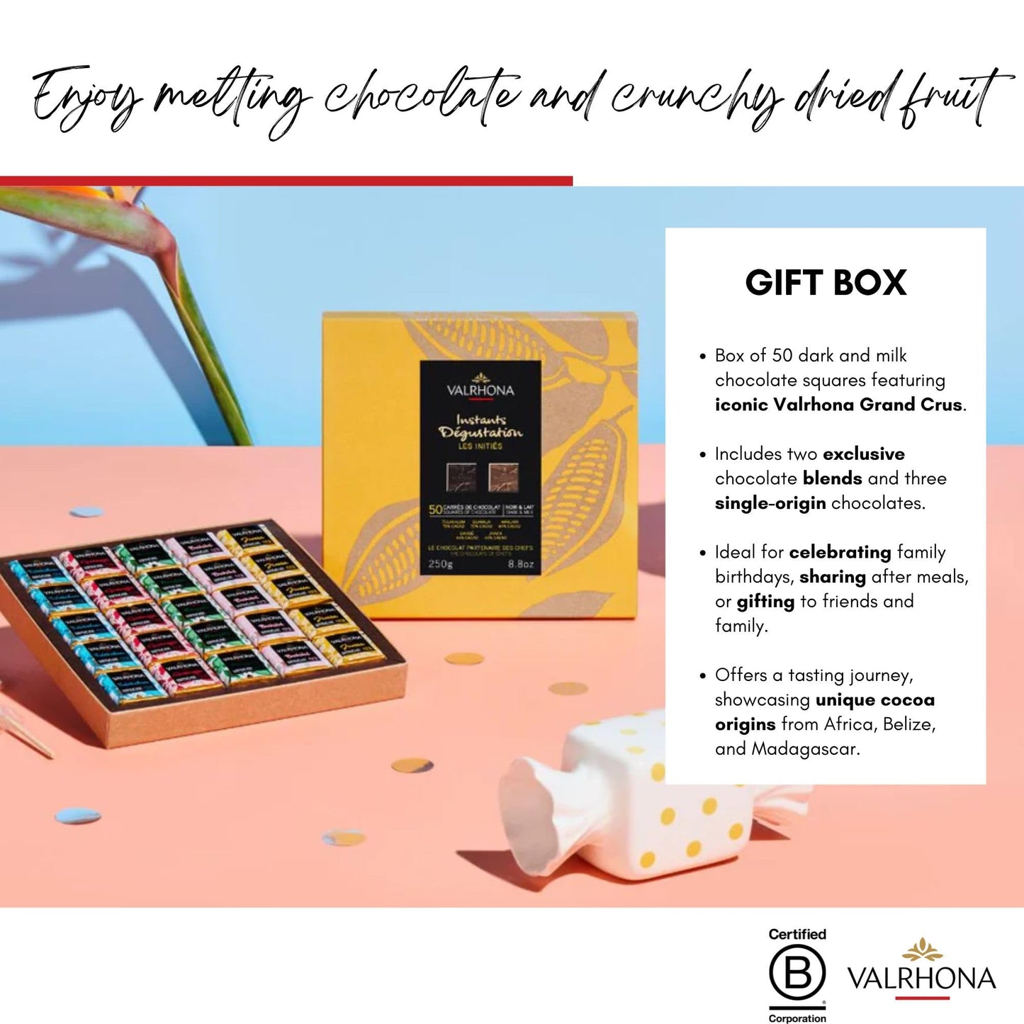Valrhona Gourmet Assorted Chocolate Gift Box, 50 Dark & Milk French Chocolate squares - Tulakalum 75%, Guanaja 70%, Manjari 64%, Bahibé 46% and Jivara