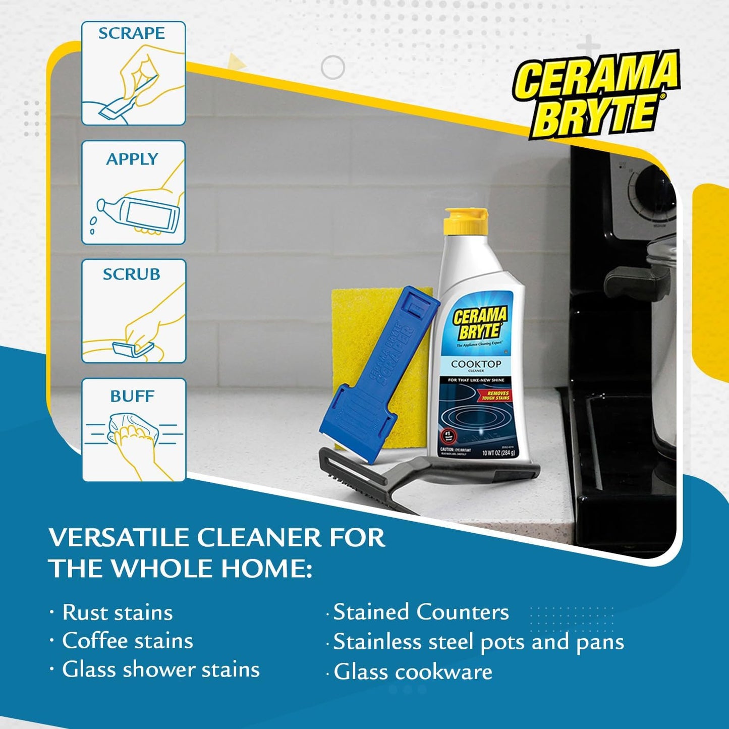 Cerama Bryte - Cooktop Cleaning Kit - Includes 10 oz. Bottle of Cerama Bryte Cooktop Cleaner, 2 Cleaning Pads, 1 POW-R Grip Pad Tool and 1 Scraper