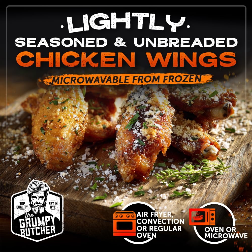 Grumpy Butcher Heritage Chicken Wings Cooked & Microwaveable, 2 Pack (20 oz each) - Premium Garlic Parmesan Rub Fully-Cooked Wings - Microwaves from