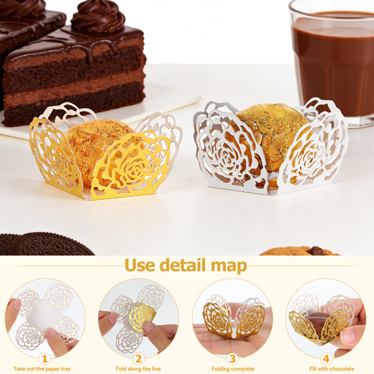 100Pcs Hollow-Out Flower Chocolate Wrappers Cups for Wedding Party Favors Candy Bar Chocolate Paper Liners Truffle Cups Dessert Liners