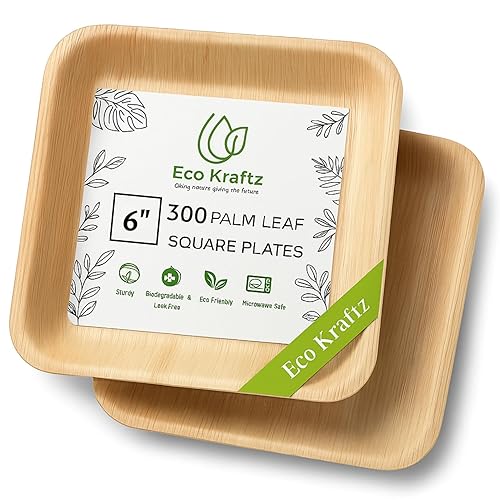 Eco Kraftz 300 Square Palm Leaf Plates-Compostable & Biodegradable, Sturdy Disposable plates for Weddings, Events, Odor-Free, Microwave Safe (300 Pcs