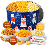 2 Gallon Christmas Popcorn Tin - 3 Flavor Gourmet Holiday Gift Basket - Caramel, Cheddar Cheese & Butter Popcorn - Large Festive Snack Gift