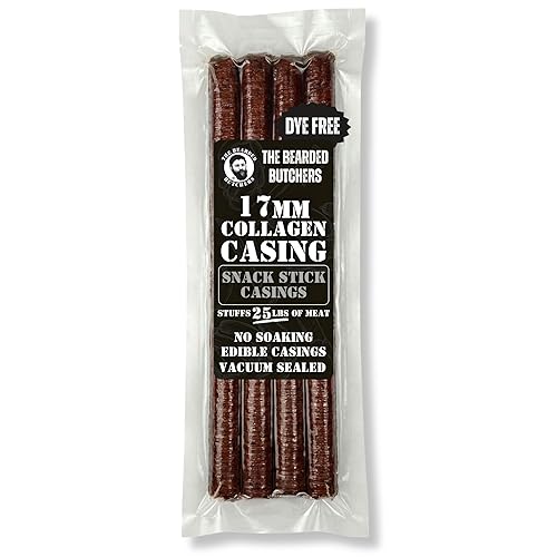Bearded Butchers Edible 17mm Mahogany Collagen Casings, 4-Pack - Holds 25lb of Beef, Pork or Venison - Vacuum Sealed, Dye-Free Casings for Snack