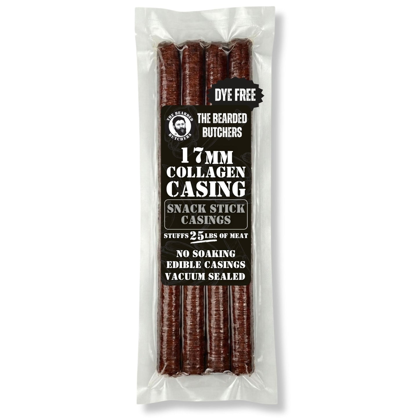 Bearded Butchers Edible 17mm Mahogany Collagen Casings, 4-Pack - Holds 25lb of Beef, Pork or Venison - Vacuum Sealed, Dye-Free Casings for Snack