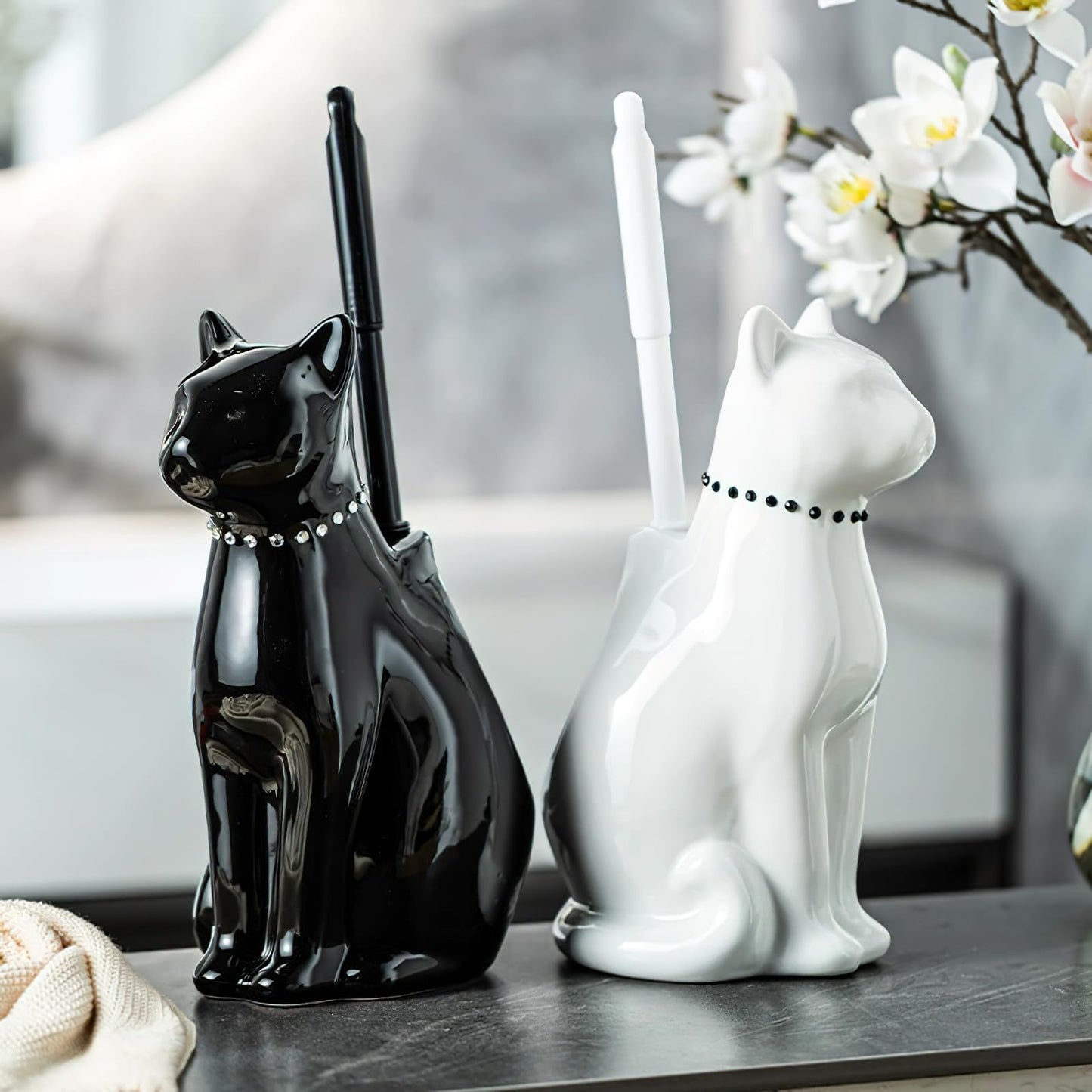 Cat Toilet Brush Holder - Ceramic Whimsical Feline Design with Wide-Mouth Storage, Black Toilet Bowl Brush and Holder Set Cute for Bathroom Ground