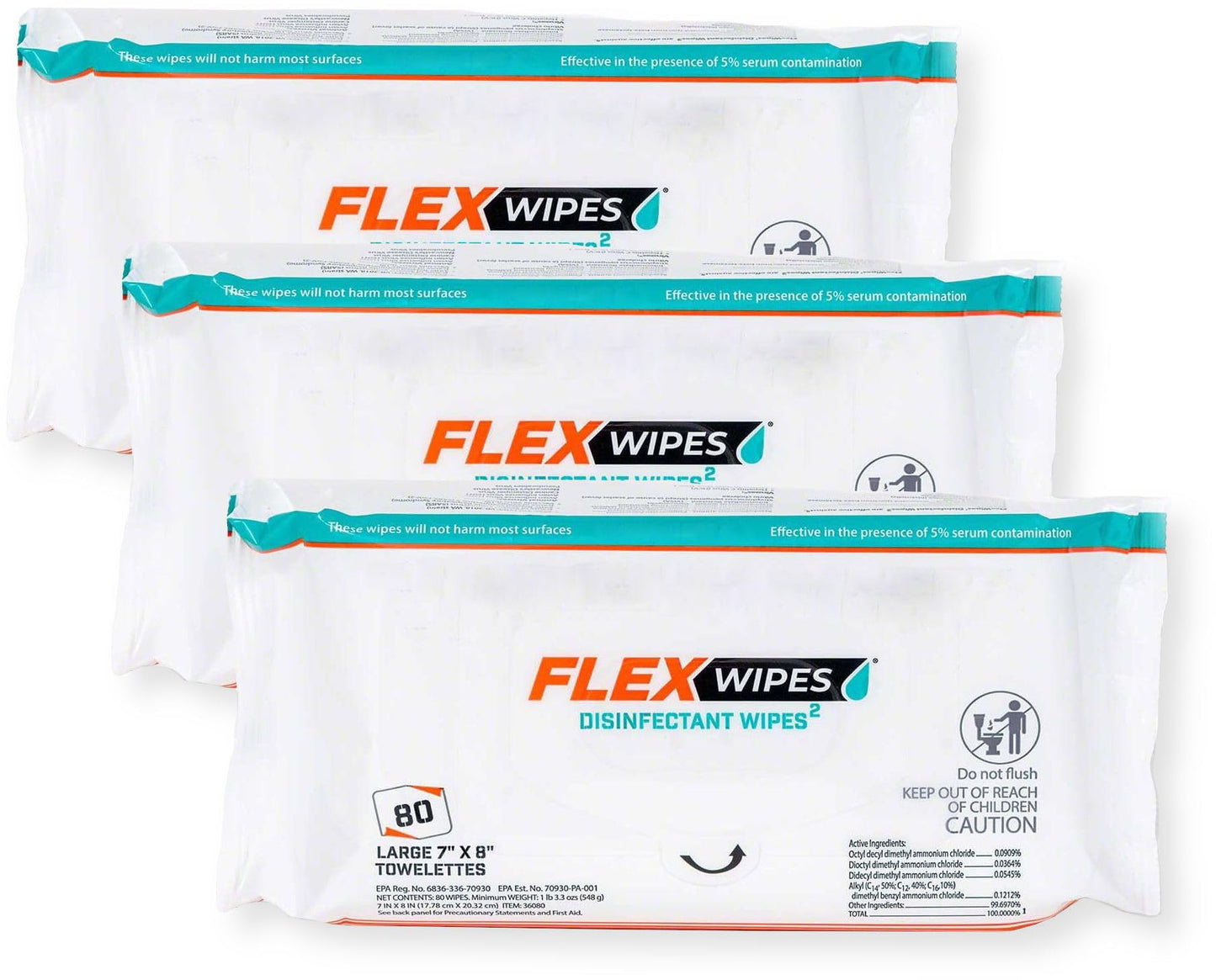 Flex Wipes 36080 Pack of 3 Disinfectant Wipes, Large 7" x 8" Wipes, 80 Wipes per Pack, Dispenses One at a Time