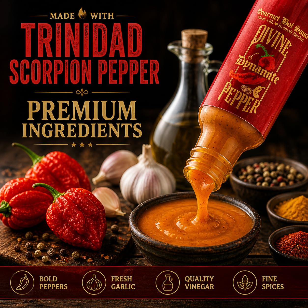 Divine Pepper Dynamite Hot Sauce - Trinidad Scorpion Pepper - Hot Heat - Small Batch Gourmet Sauce - Perfect for Wings, Meats, Tacos & Spicy Recipes