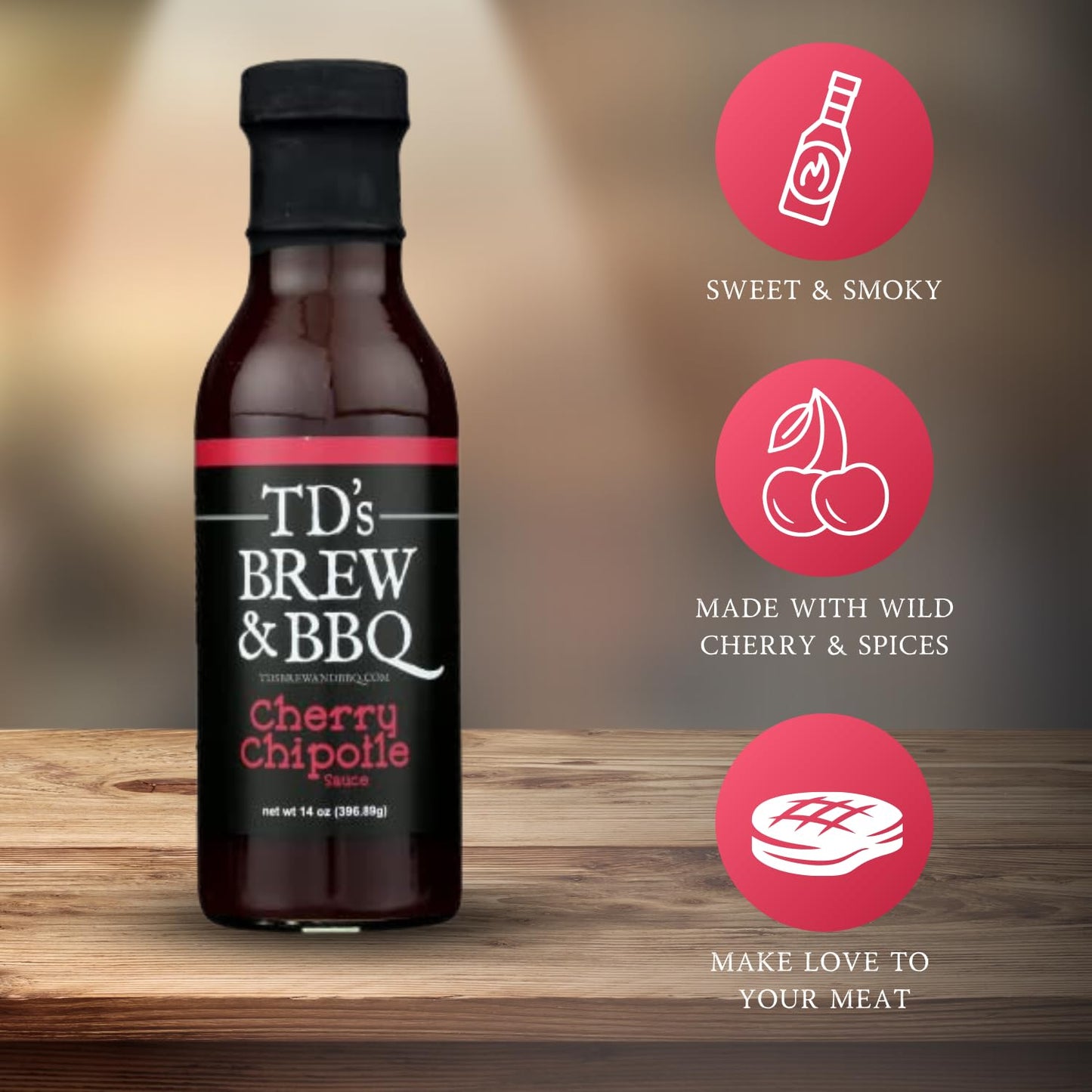 TD's Brew & BBQ "CHERRY CHIPOTLE" Sauce/tds brew and bbq/cherry/chipotle/sweet/smokey/spicy/bbq sauce/barbecue