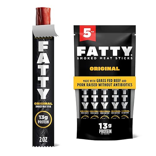 FATTY Meat Sticks, Made with Grass Fed Beef, Pork Raised Without Antibiotics, 13g Protein Per Stick, Original, 2 oz. (Pack of 5)