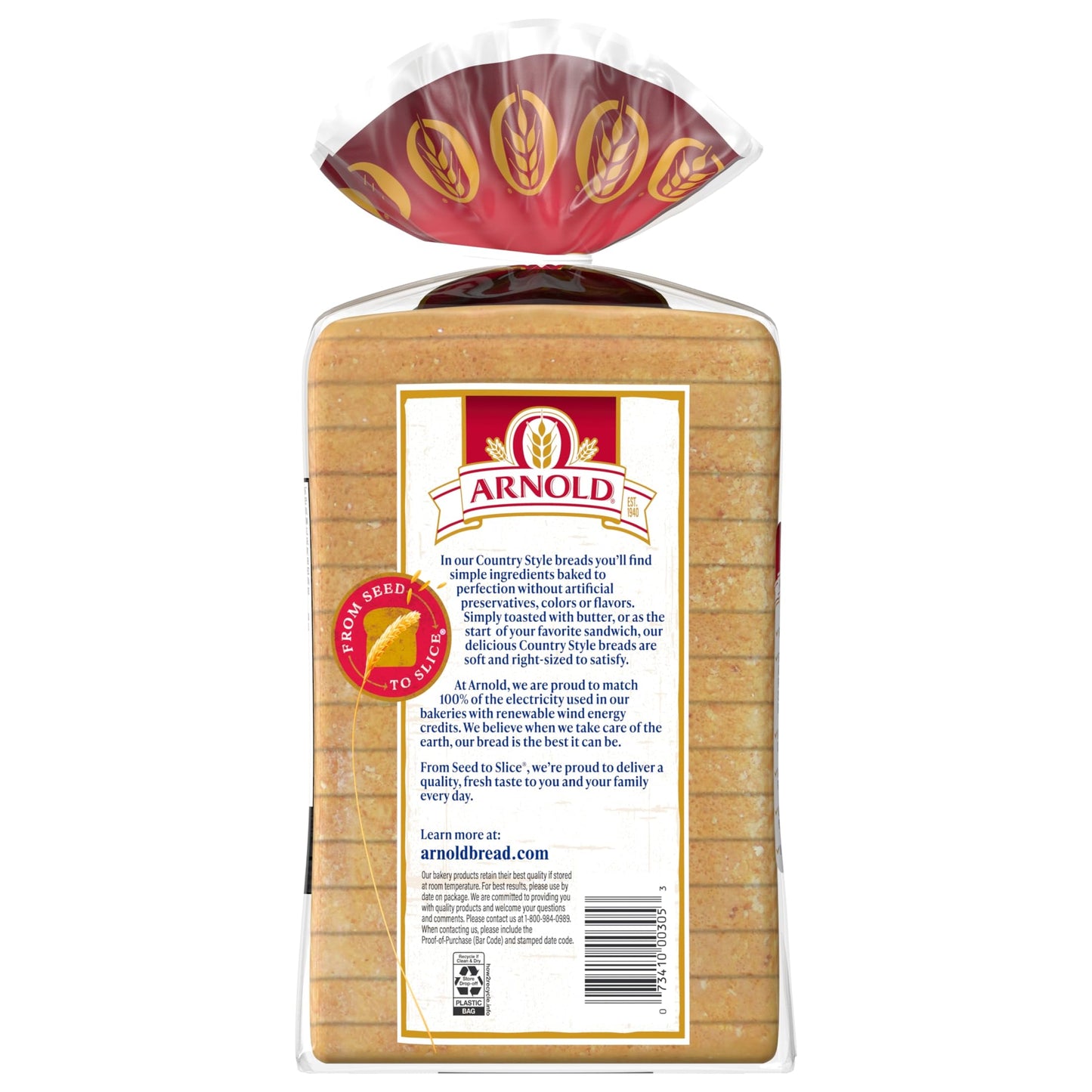 Arnold Country Style Plain Bread, White Bread, 24 oz Bag