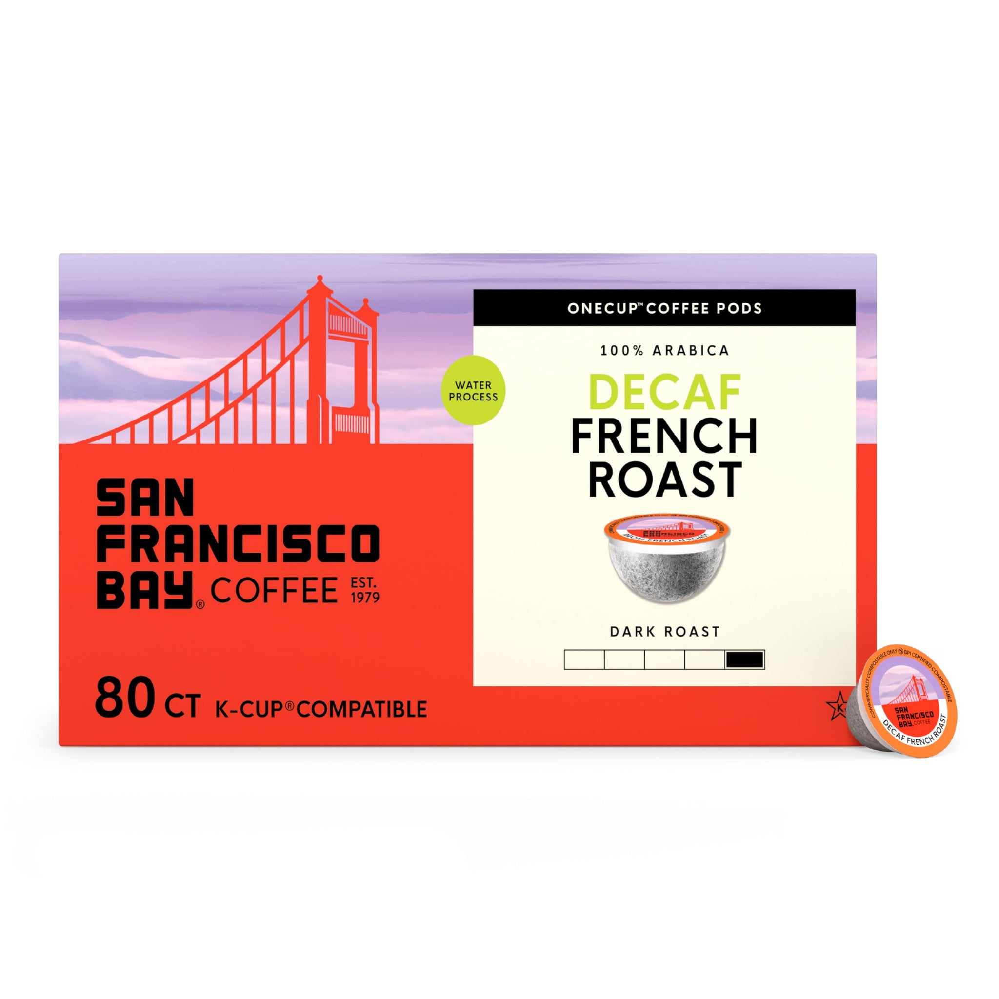 San Francisco Bay Decaf K-Cup Coffee Pods, Decaf French Roast (80 ct), Dark Roast, Commercially Compostable Single-Serve Coffee Pods, Swiss Water