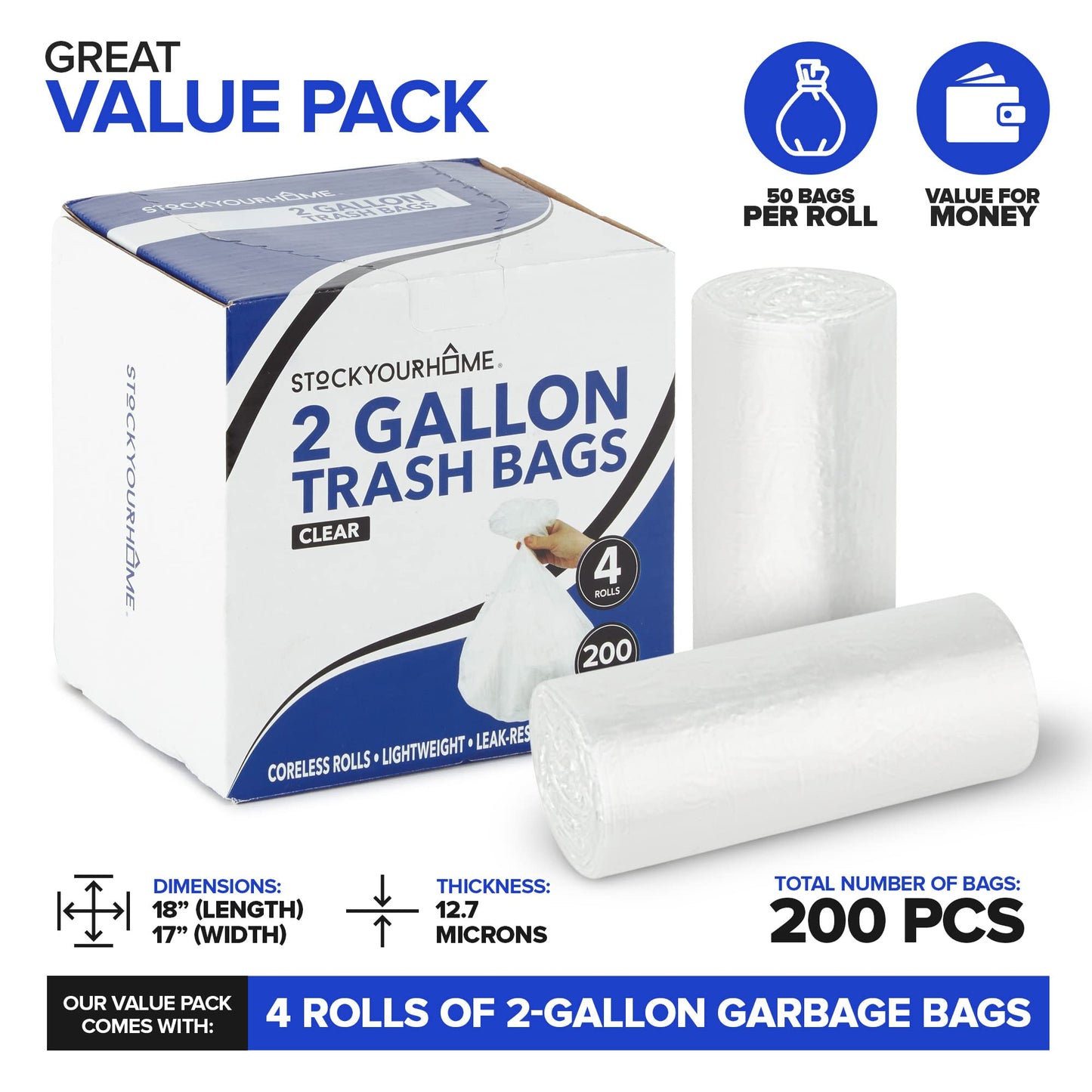 Stock Your Home Clear 2 Gallon Trash Bag (200 Pack) Un-Scented Small Garbage Bags for Bathroom Can, Mini Waste Basket Liner, Plastic Liners for Office