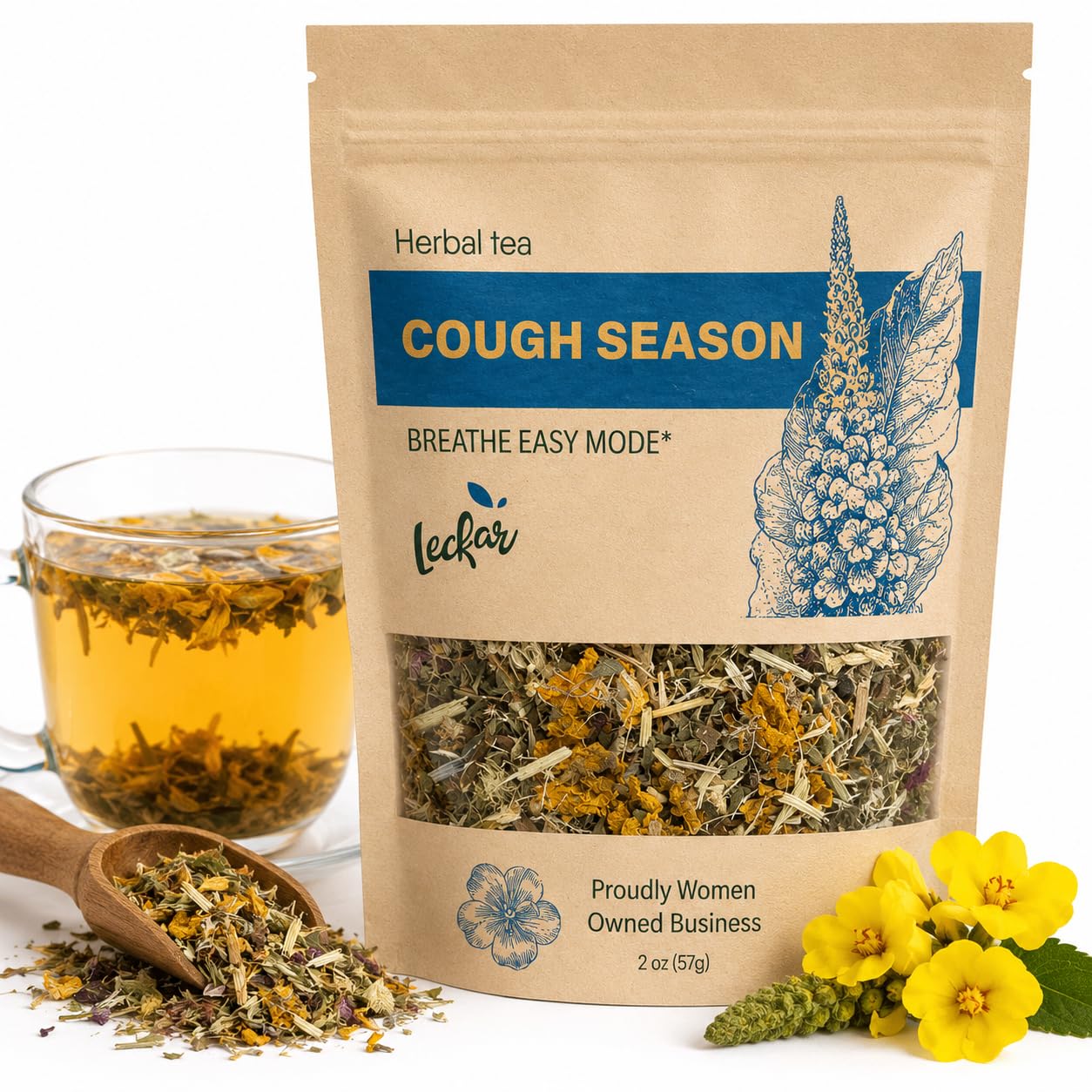Leckar Cough Season Herbal Tea - Natural Respiratory Support Blend with Mullein, Thyme & Echinacea - Soothes Sore Throat & Hoarse Voice - Lung Health