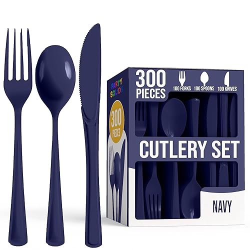 Party Solids Navy Plastic Silverware Heavy Duty 300 Pieces Navy Disposable Silverware Heavy Duty, Utensil Sets, 100 Of Each Forks, Knives & Spoons