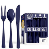 Party Solids Navy Plastic Silverware Heavy Duty 300 Pieces Navy Disposable Silverware Heavy Duty, Utensil Sets, 100 Of Each Forks, Knives & Spoons