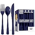 Party Solids Navy Plastic Silverware Heavy Duty 300 Pieces Navy Disposable Silverware Heavy Duty, Utensil Sets, 100 Of Each Forks, Knives & Spoons