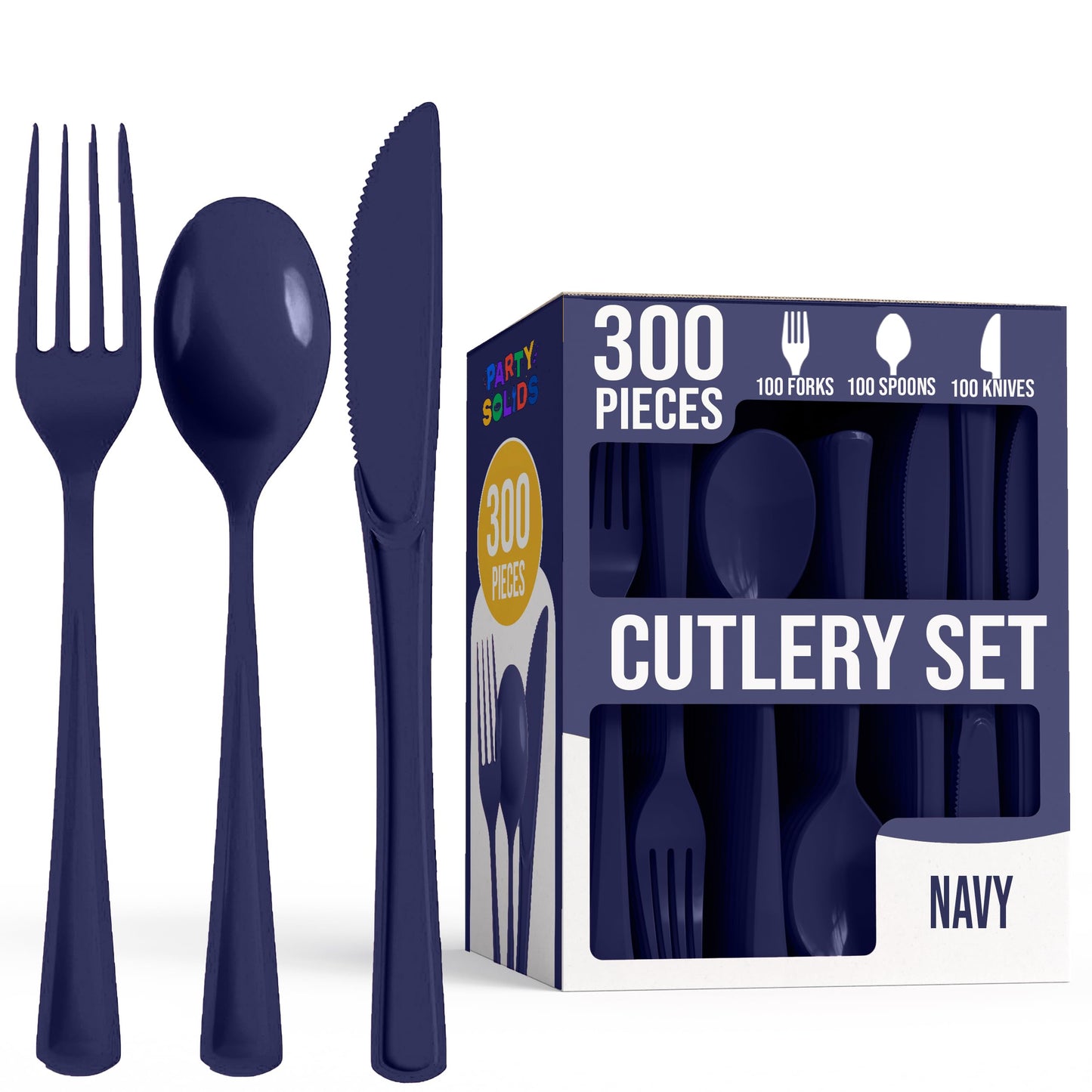 Party Solids Navy Plastic Silverware Heavy Duty 300 Pieces Navy Disposable Silverware Heavy Duty, Utensil Sets, 100 Of Each Forks, Knives & Spoons