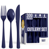 Party Solids Navy Plastic Silverware Heavy Duty 300 Pieces Navy Disposable Silverware Heavy Duty, Utensil Sets, 100 Of Each Forks, Knives & Spoons