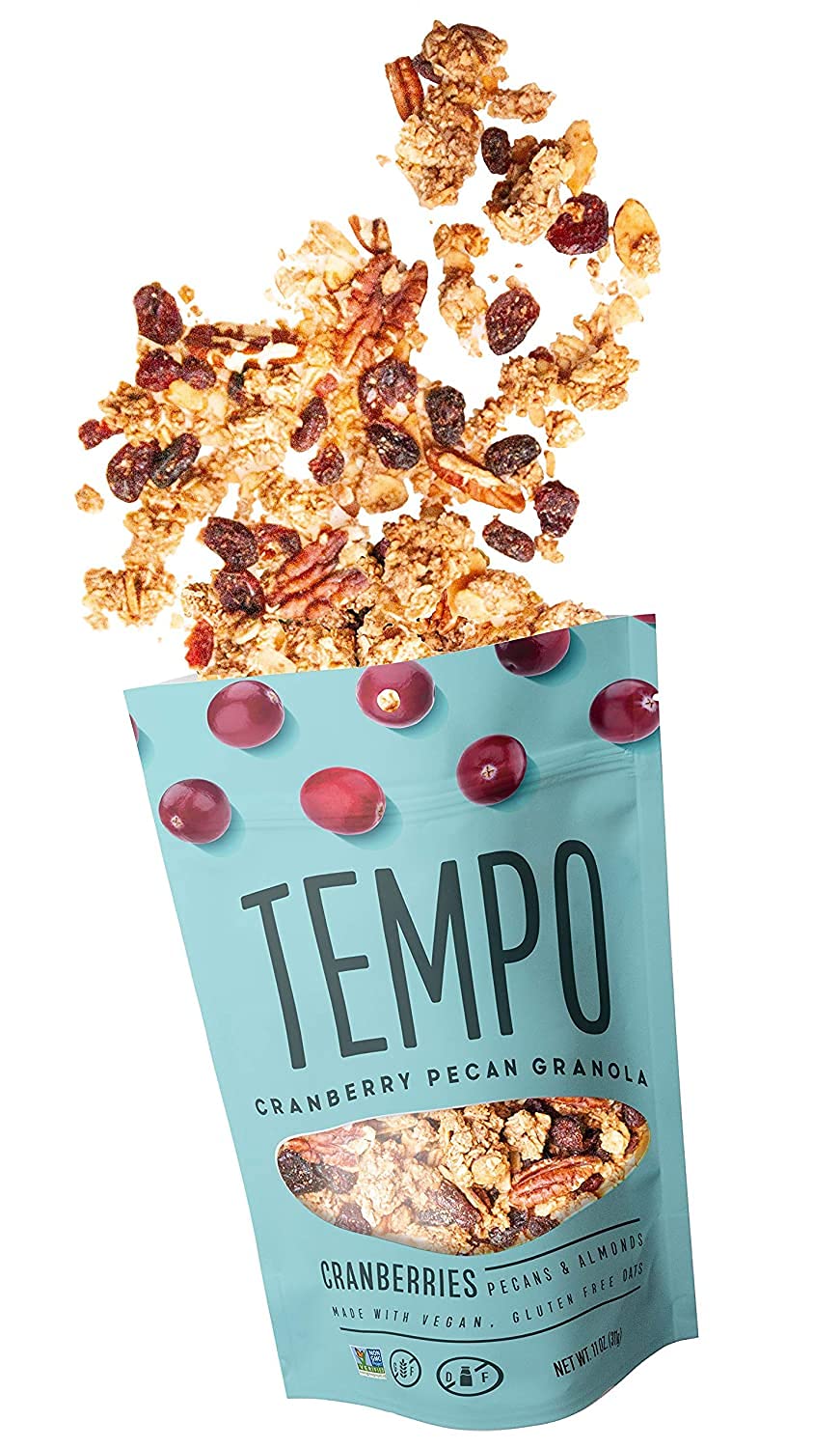 TEMPO GRANOLA Cranberry Pecan Almond Granola Clusters (3 Pack) Gluten Free Organic Oats, High Protein, Low Sugar, Vegan, Dairy Free, Soy Free