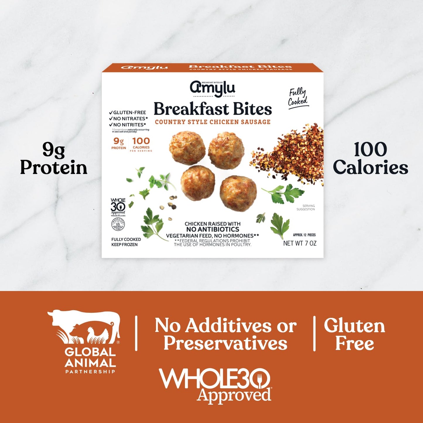 Amylu Foods Chicken Sausage Breakfast Bites, Country Style, Natural Ingredients, 14g of Protein, GAP Certifed Chicken Raised with No Antibiotics