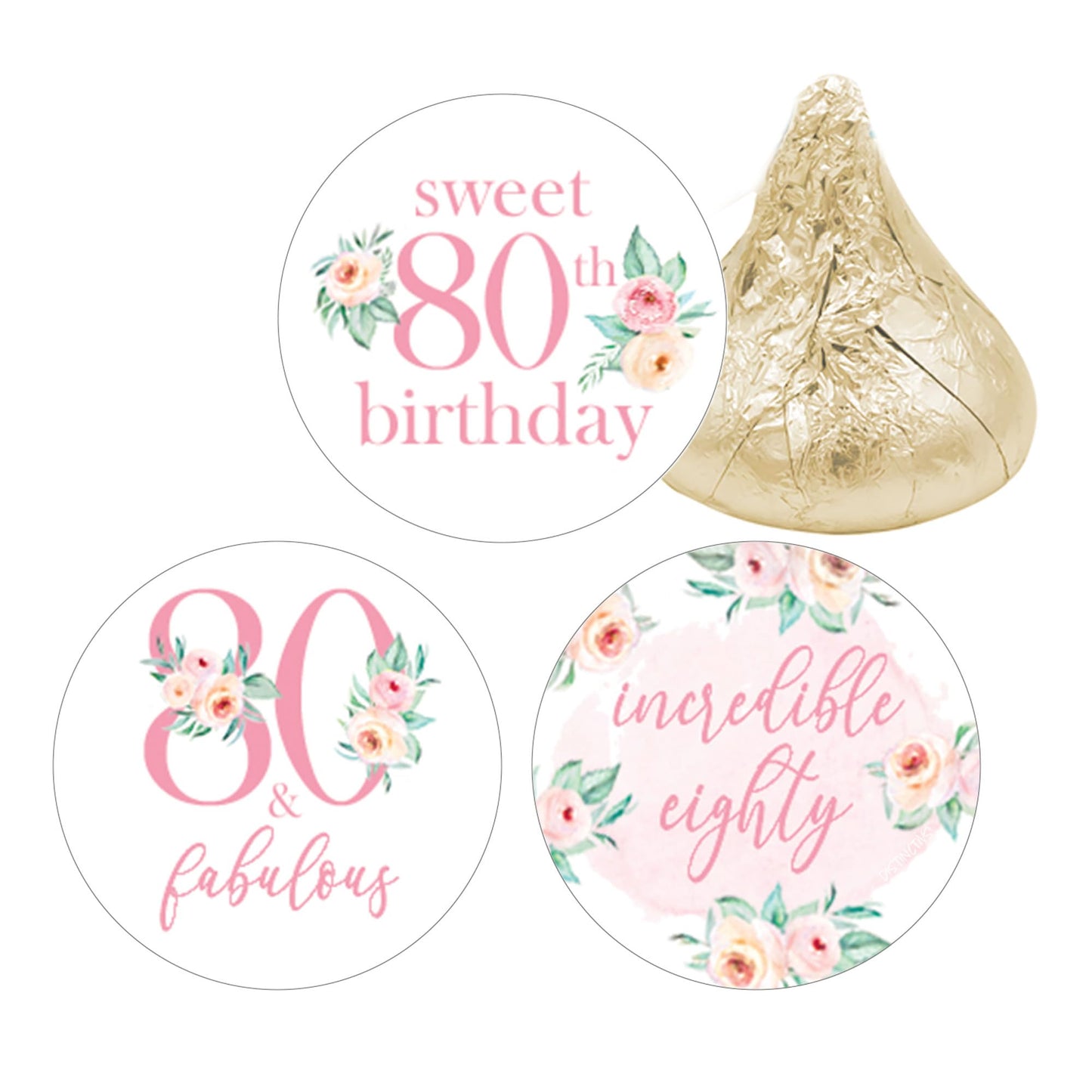 Pink Floral 80th Birthday Chocolate Kisses Candy Stickers, Pink 80 and Fabulous Birthday Party Favor Labels - 180 Count