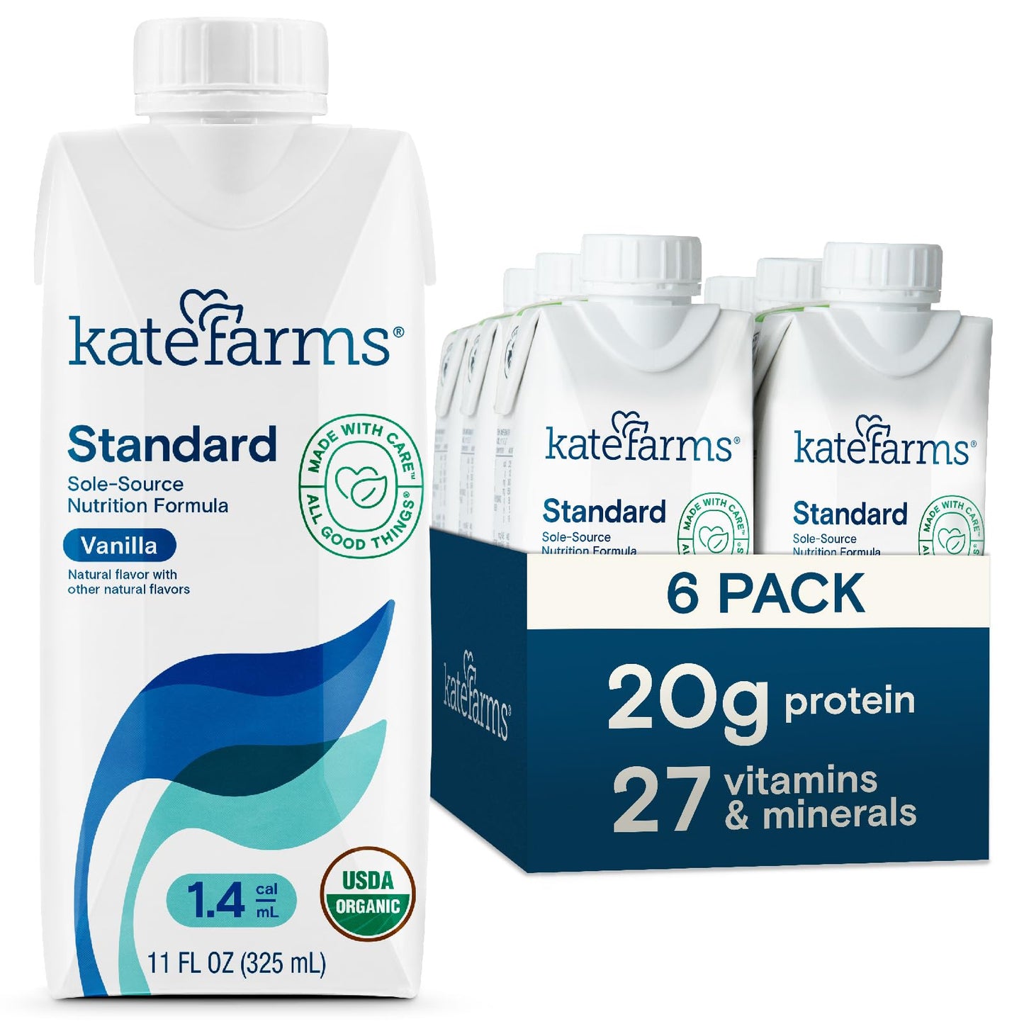 KATE FARMS Organic 1.4 High Calorie Nutrition Shake, Vanilla, 20g Protein, 27 Vitamins and Minerals, Meal Replacement, 11 oz (6 Pack)