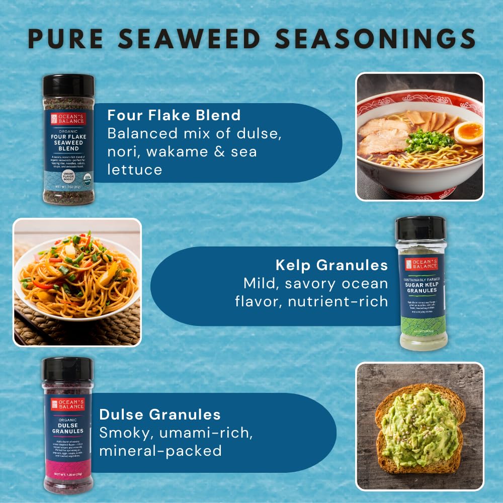 Ocean’s Balance Complete Seasoning Collection - Gourmet Seaweed Seasonings with Spicy, Truffle, Bonito, Four Flake Blend, Dulse Granules & Kelp