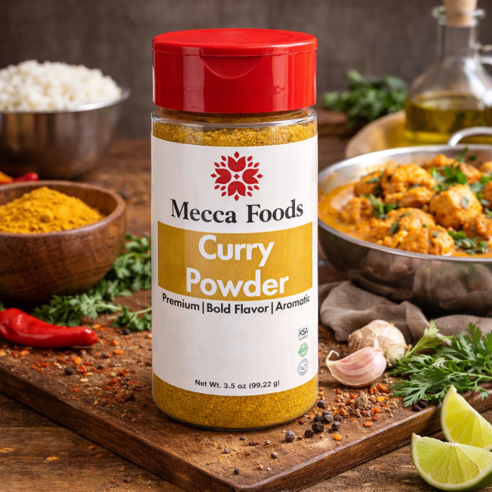 Curry Powder, Authentic Blend of Spices, Warm & Aromatic Flavor, All-Purpose Seasoning for Indian & Caribbean Cooking, 3.5 oz Jar by Mecca Foods