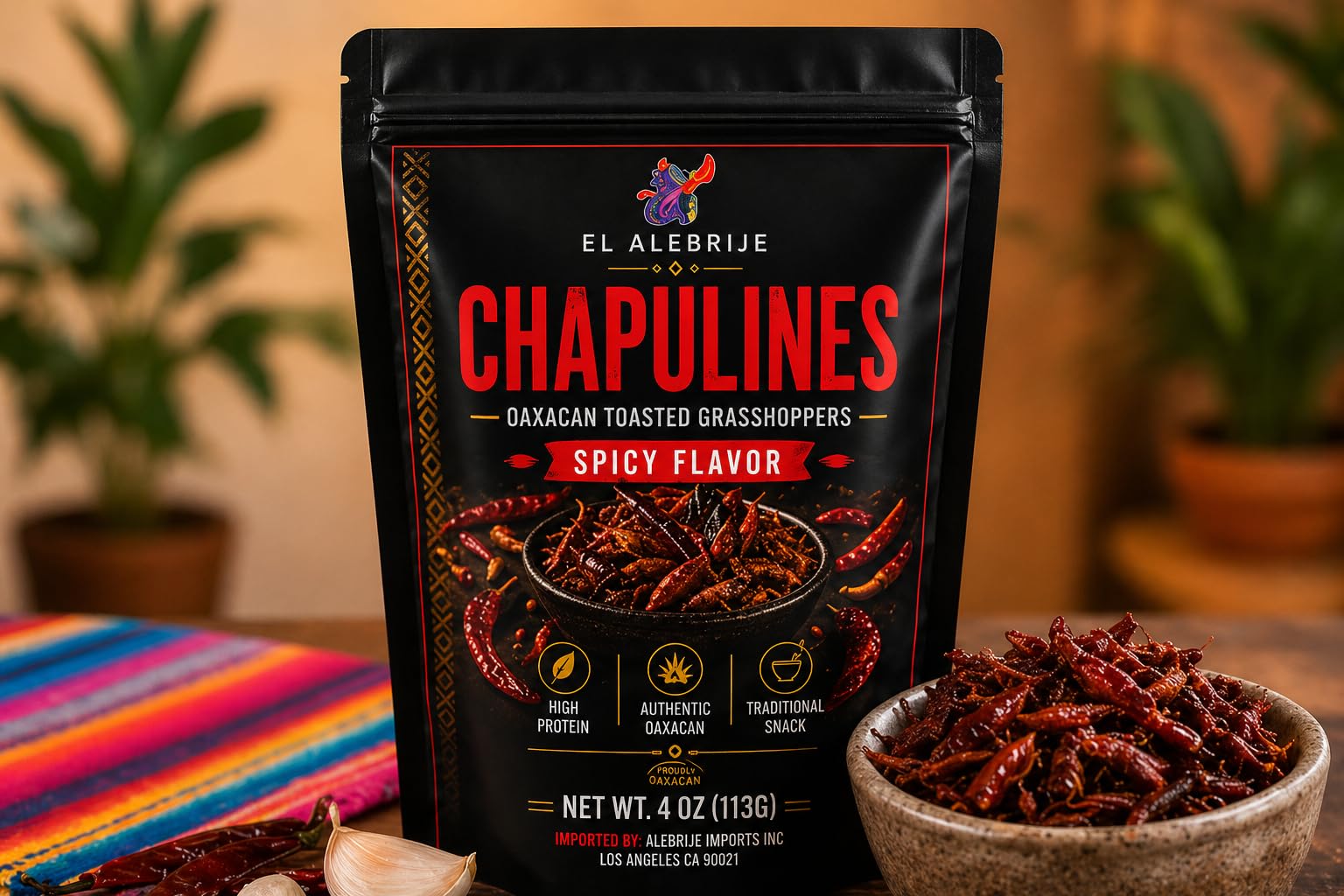 Alebrixes | Chapulines From Oaxaca 4oz (114g) Enchilados | Premium Toasted Edible Grasshoppers - Marinated Spicy Flavor - Always Fresh & Delicious