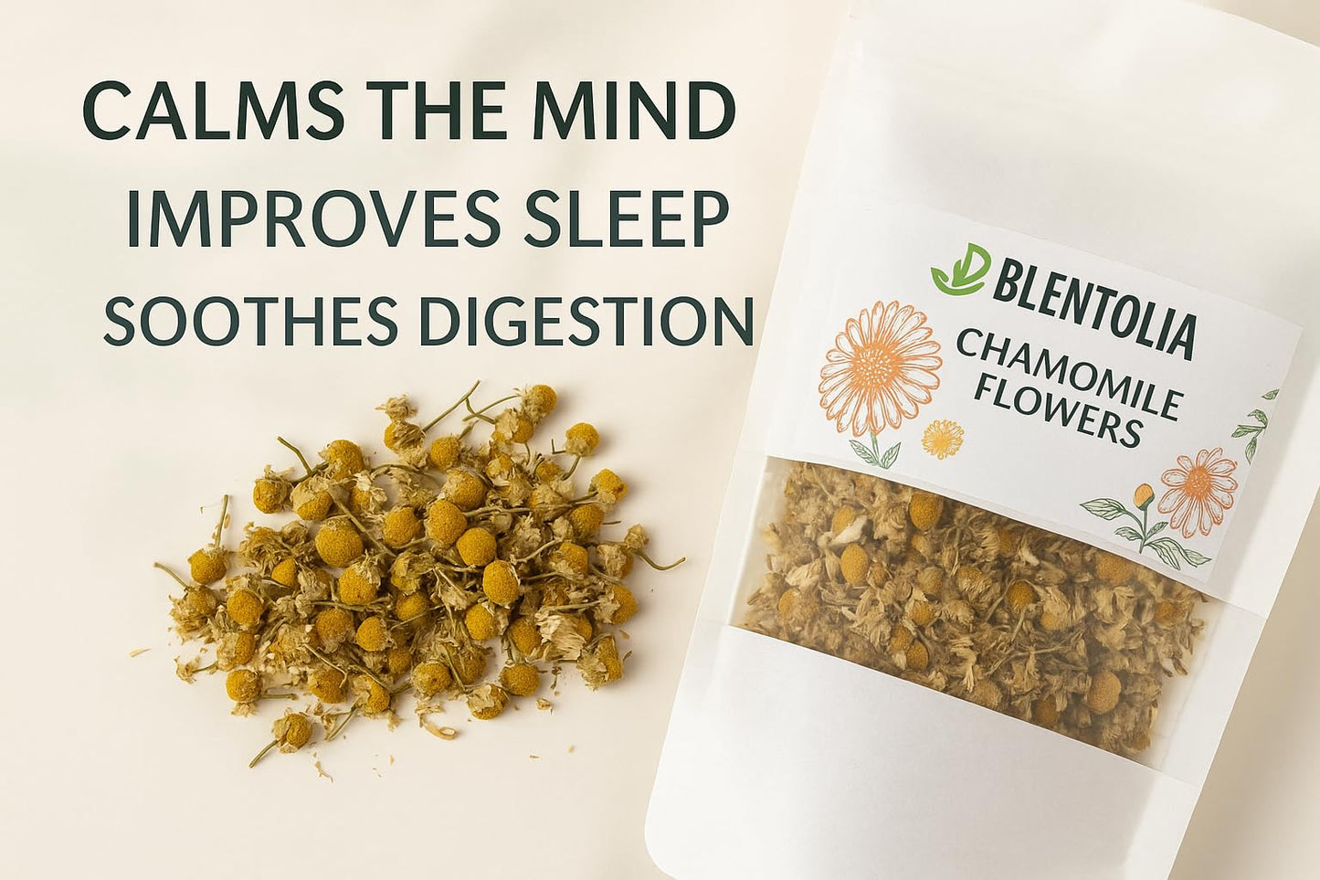 Blentolia Dried Chamomile Flowers - 100% Natural Herbal Tea - Whole Blossoms for Calming Sleep, Relaxation, and Wellness - Caffeine-Free, Non-GMO