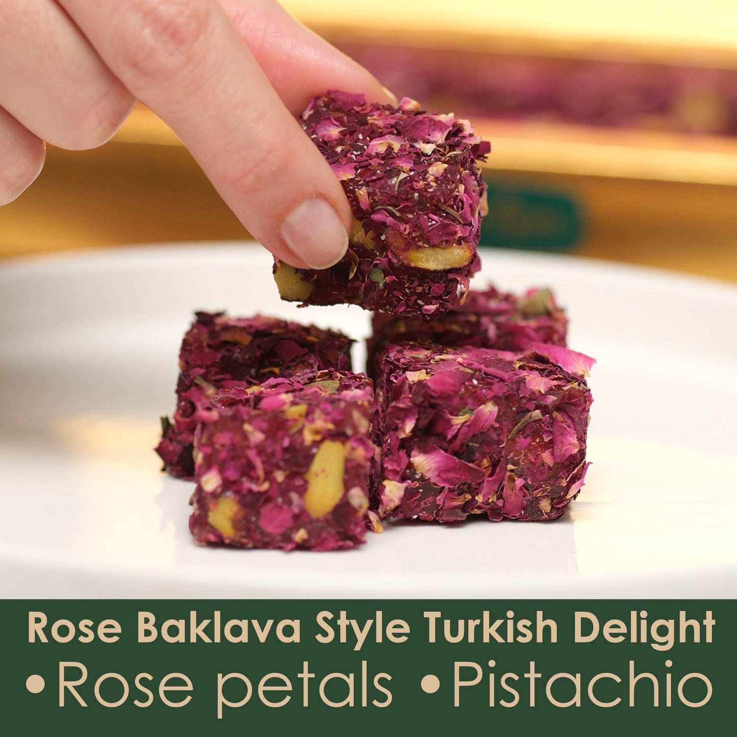 Turkish Delight with Rose Petals and Pistachio - Soft Lokum Candy, Gourmet Turkish Sweets Gift Box, Delicias Turcas, 17.6 oz (500g)