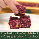 Turkish Delight with Rose Petals and Pistachio - Soft Lokum Candy, Gourmet Turkish Sweets Gift Box, Delicias Turcas, 17.6 oz (500g)